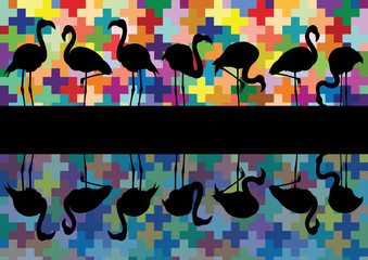 Colorful mosaic and flamingo birds silhouettes reflection