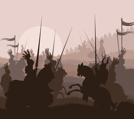 Medieval knights in battle vector background