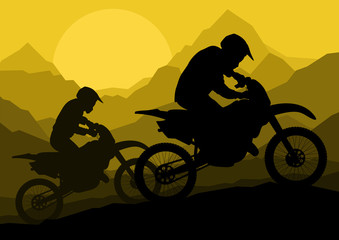 Obraz na płótnie Canvas Motorbike riders motorcycle silhouettes in wild mountain