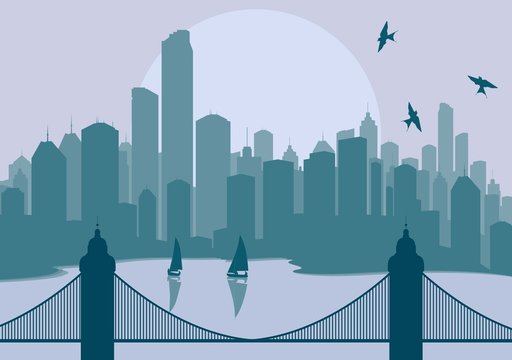 Panorama city with bridge in front of it vector background