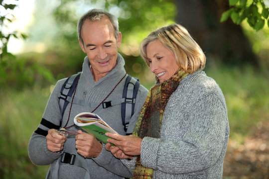 Couple reading a map in a forest