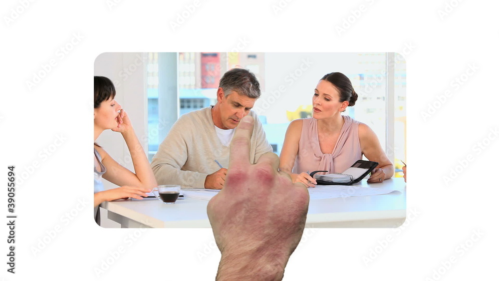 Poster hand scrolling vertically through business videos