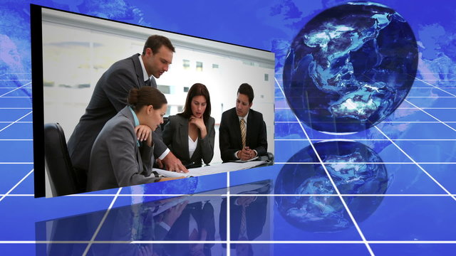 Business montage next to animated graphs and a globe