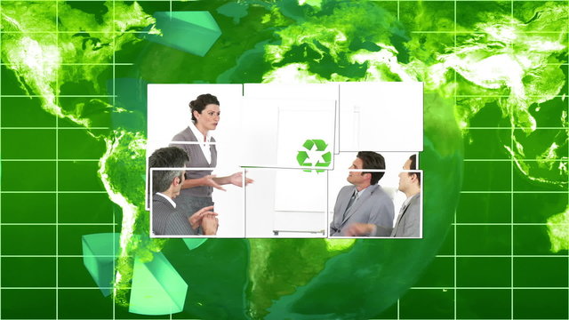 Business videos falling onto green world map and globe