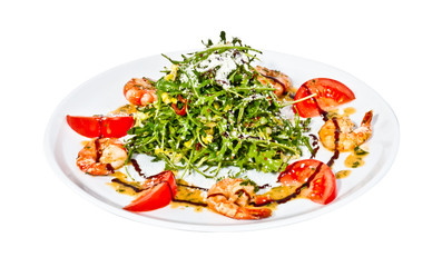 shrimps cocktail appetizer on brown towel with lemon and cherry