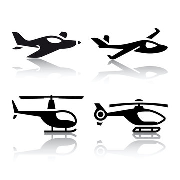 Set of transport icons - airplane and helicopter