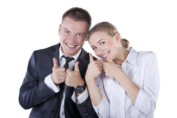 Happy smiling successful gesturing businesspeople