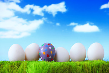 Easter eggs on grass in front of a cloudy sky