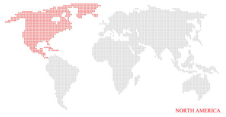 World dotted map highlight with red on North America continent