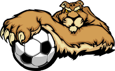 Naklejka premium Cougar Mascot with Soccer Ball Vector Illustration