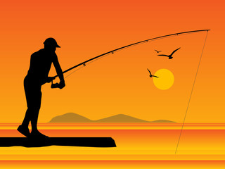 Fisherman silhouette at sunset, vector illustration