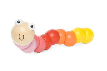 Wooden toy worm on white, clipping path included