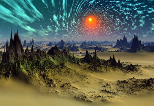 Alien Planet with Mountains and abstract Sky