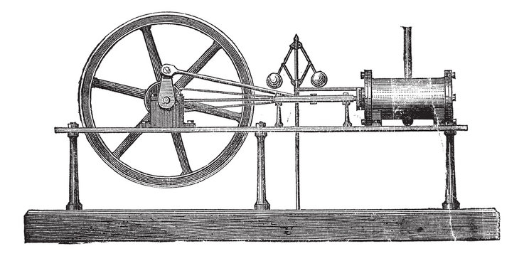 Simple Expansion Steam Engine, Vintage Engraving