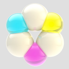 Abstract cmyk emblem made of glass spheres