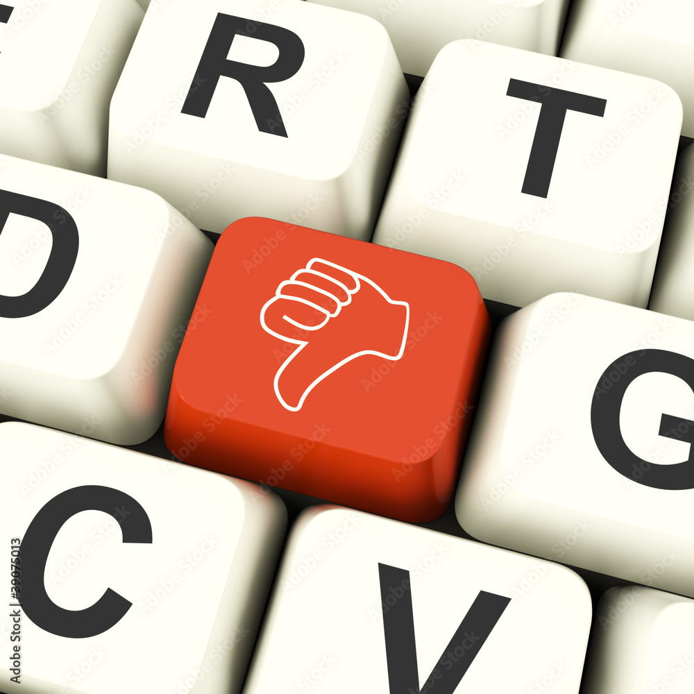 Poster thumbs down computer key showing dislike failure and false