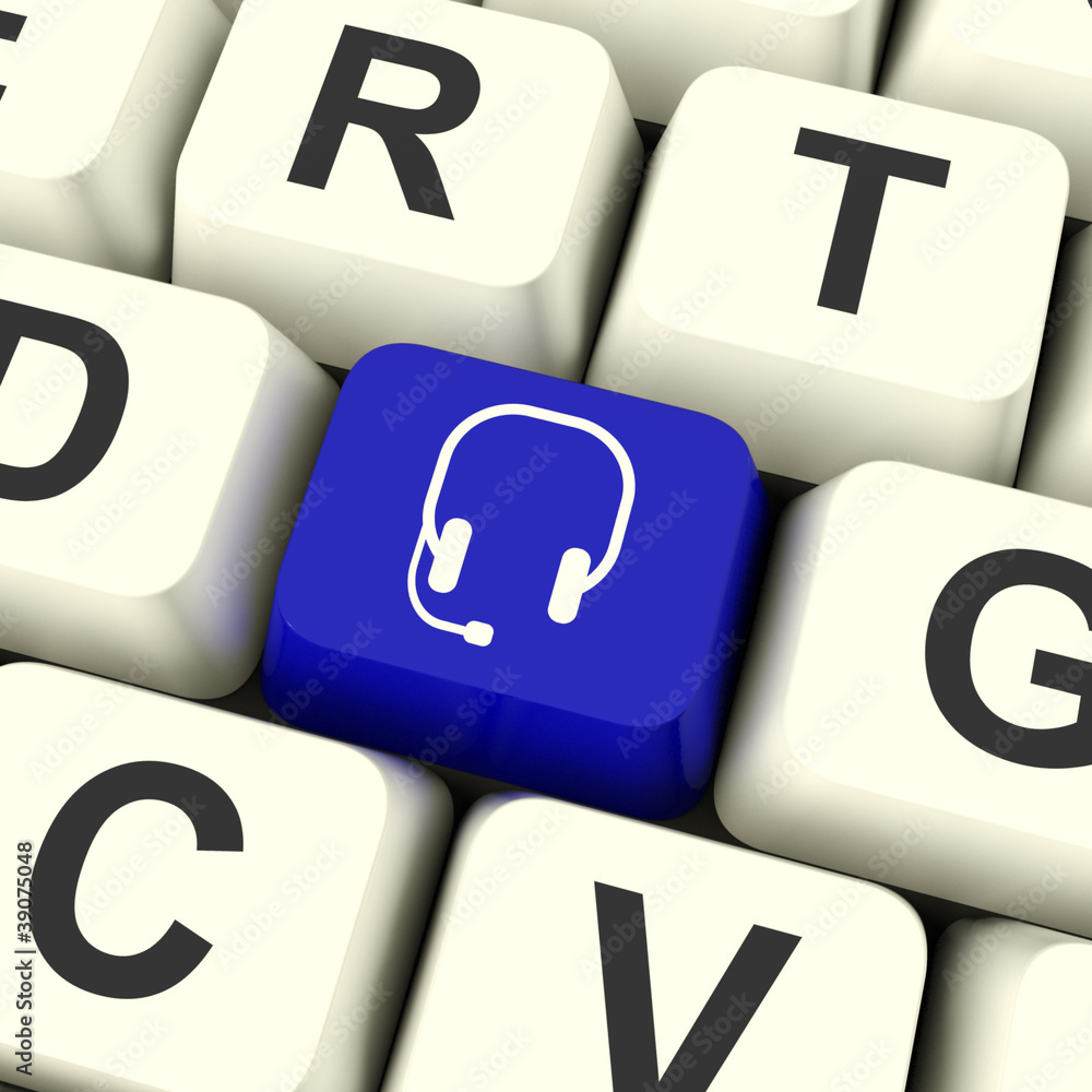Poster headset symbol computer key showing communication and online ass