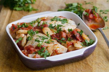 Chicken, butter bean and chorizo bake