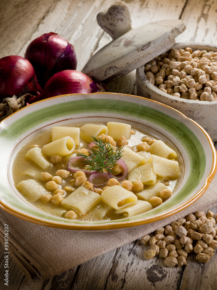 Poster soup with  chickpeas and pasta