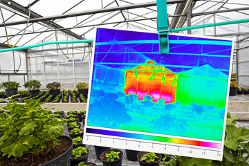 partly heated greenhouse in winter and thermal imaging