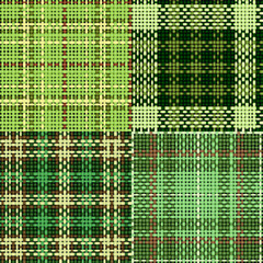 Set of green seamless swatches of rough cotton fabric with plaid