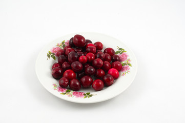 Cranberries on a plate, isolated on white background