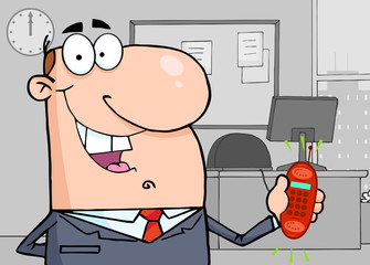 Businessman With Phone Ringing The Background Of Office
