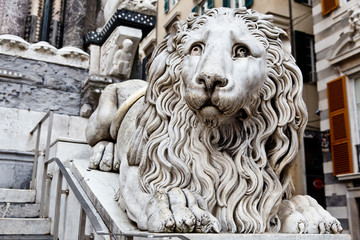 Marble Lion Guarding Cathedral of Saint Lawrence (Lorenzo) in Ge