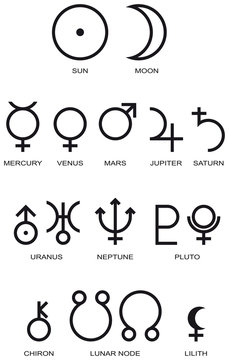 Astrology Planet Symbols. Illustration of the main planet symbols of astrology. Illustration on white background. Vector.
