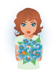 Pretty young girl with flowers, vector illustration