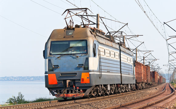 Freight train on a bank of the Dnieper