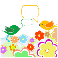 Greeting card with two birds under flowers. vector