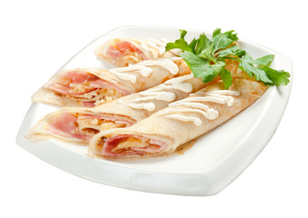 rolled pancakes stuffed ham and cheese.