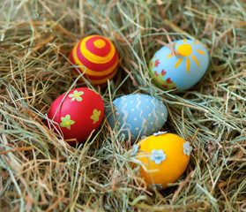 Fototapeta na wymiar Painted colorful Easter eggs in hay