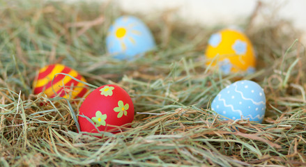 Fototapeta na wymiar Painted colorful Easter eggs in hay
