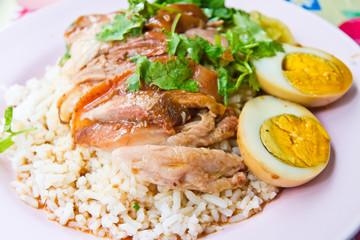 Stewed pork with cooked rice and egg