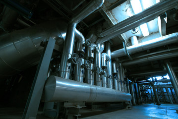 Industrial zone, Steel pipelines and cables in blue tones