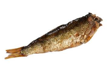 Small smoked sprats fish on a white background - obrazy, fototapety, plakaty