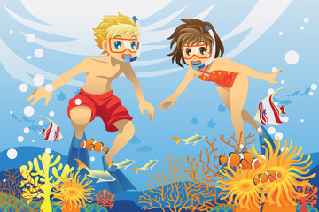 Obraz na płótnie Canvas Dzieci pływanie pod wodą