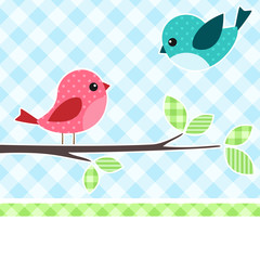 Card with birds on branch with textile background.