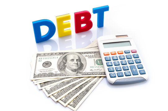 Debt words, American banknotes and calculator