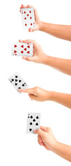 Hand with playing cards, isolated on white