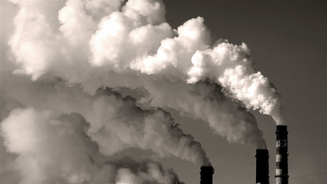 thermal power plant, smoke, black and white