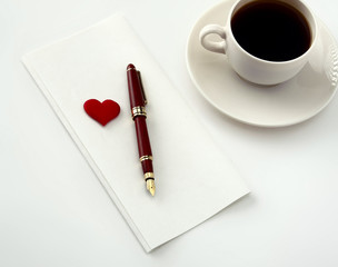 Cup of coffee, letter, pen, isolated on white background