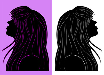 black silhouette of a beautiful girl with long hair in profile