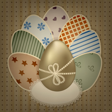 vector  easter greeting card with golden and retro colorful eggs