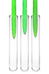 different green liquids flow in three testtubes