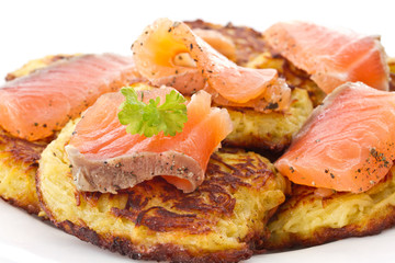 fried potato pancakes with salted salmon
