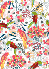 Abstract hand-drawing Seamless pattern with flowers and birds
