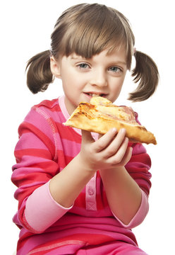 Little Girl Eating Pizza - White Background